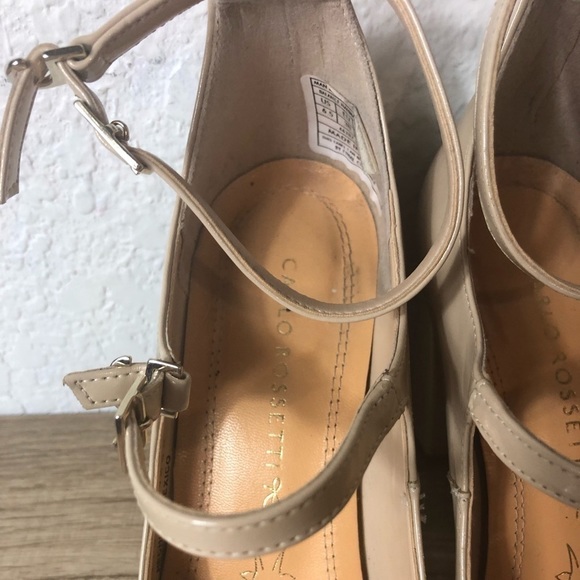 Carlos Rossetti Womens Size 6.5 Patent Block Heels -Bone Color Pink Strap Heels - Picture 3 of 11